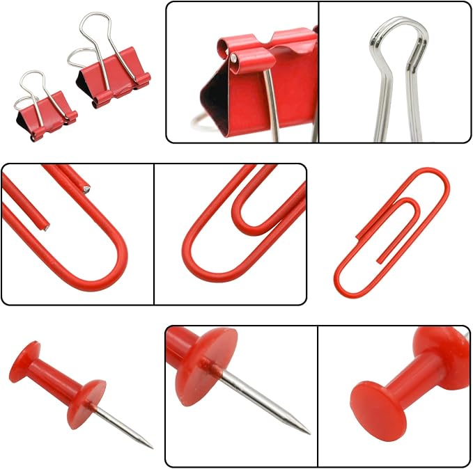 Office Supplies Set, Paper Clips, Push Pins and Binder Clips Set with Box for Office, School and Home(Red)