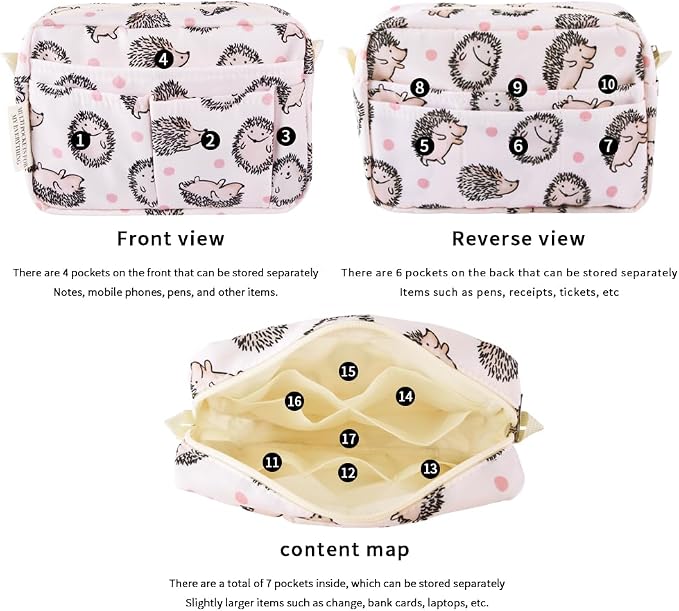 E-WEICHEN Multiple Pockets Portfolio Organizer with Zippered, Makeup Bag Travel Essentials for Women, Simple Waterproof Stationery Pencil Pouch Bag for Journal Office Art Supplies.Pink Hedgehog