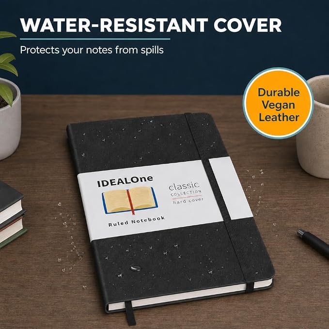IDEALOne Hardcover Journal Lined–A5 (5.7x8) small notebook, College Ruled Journaling Notebooks,160 pages, 100GSM Thick Paper, Journal for Women, Men, Teens - Black