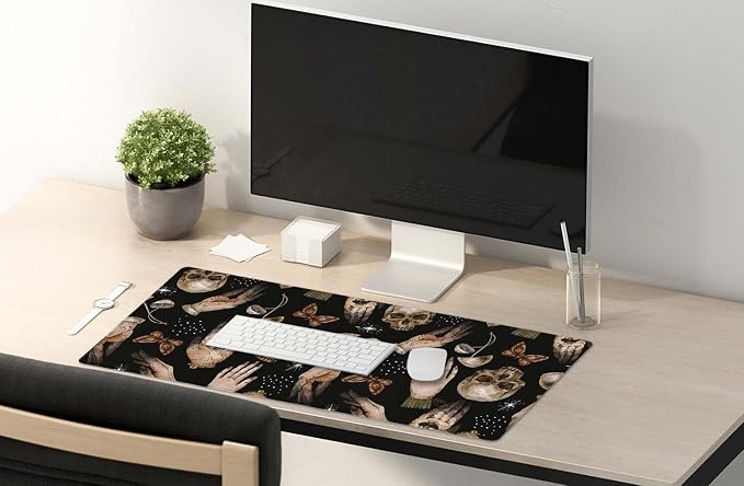 SSOIU Extended Gaming Mouse Pad (35.5x15.7 in), Large Stable Rubber Base Mousepad with Stitched Edges, Keyboard Mouse Mat Desk Pad for Work, Game, Office, Home - Magical Skull Pattern with Witch Hands