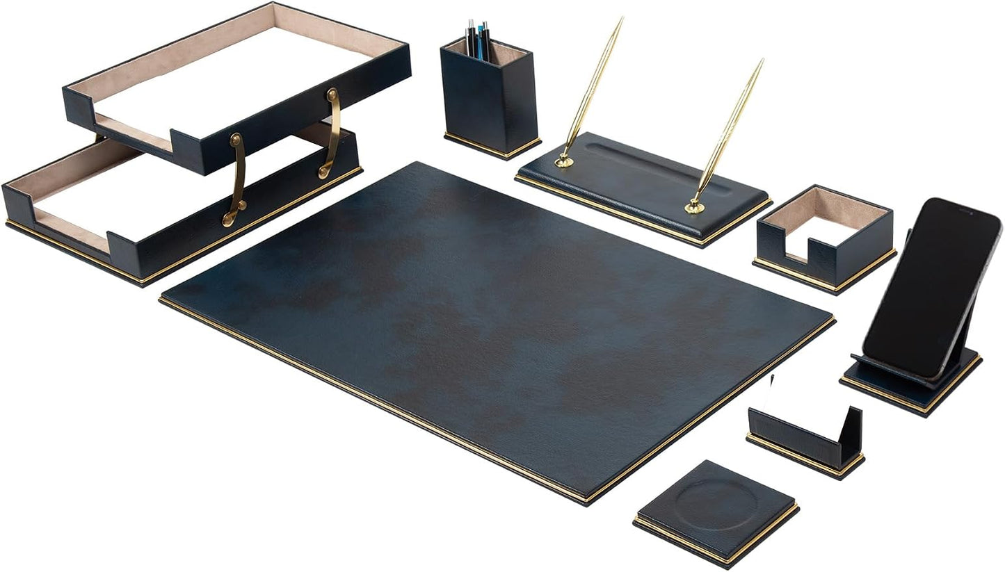 Cloud Luxury Leather Desk Set – 10 Piece Executive Desk Organizer with Desk Pad, Double Document Tray, Pen Holder, Memo Holder, Business Card Holder & Phone Stand – Gold Office Accessories (Navy Blue)
