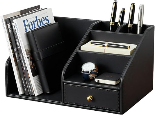 KINGFOM PU Leather Desk Organizer, Multifunction 6 Compartment Desk Organizers and Accessories for Office Supplies, Pen Pencil Holder/Book Mail Organizer Holder for Desk with Drawer(Black)