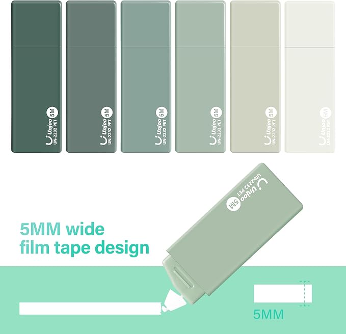 Unjoo Mini White Correction Tape Set (12pack, 5M/196" x 0.2", Green) | Aesthetic Cute Correction Tape, Easy To Use, For school, Office Workers