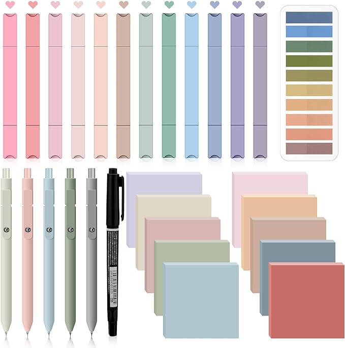 Jutom 38 Pcs Book Annotation Kit for Bible Journaling Study, Aesthetic Highlighters Pens, Index Tabs, Sticky Notes, Markers for Annotating Books Bible Page Tabs Supplies(Retro Color,Square)