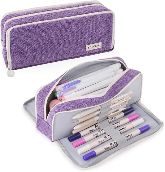 iSuperb Large Pencil Pouch 3 Compartments Pencil Case Big Capacity Pencil Bag for Kids Teen Girls Boys Student School Supplies Pen Organizer Holder Bag (Purple)