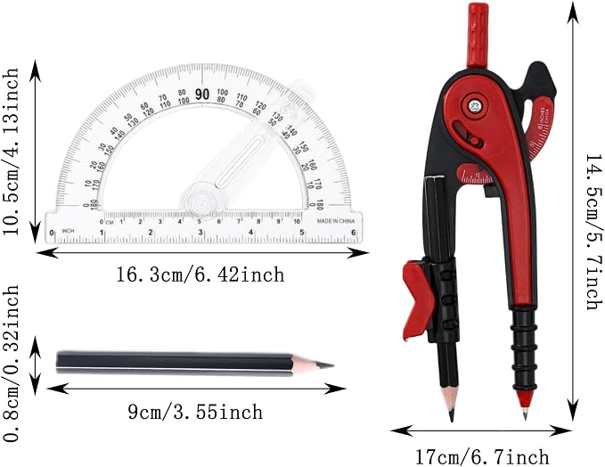 Vobou Compass and Protractor Set, 6 Inch Protractor with Swing Arm (Red) | Compasses for Math for Drafting, Sharpener, Eraser and 180 Degree 6 Inch Clear Protractor, Easy Grip, School Supplies