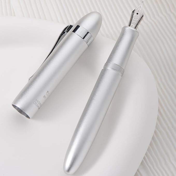 HONG DIAN M1 Fountain Pen Extra Fine Nib, Silver & Submarine Shape Aluminium Short Mini Pocket Travel Pen