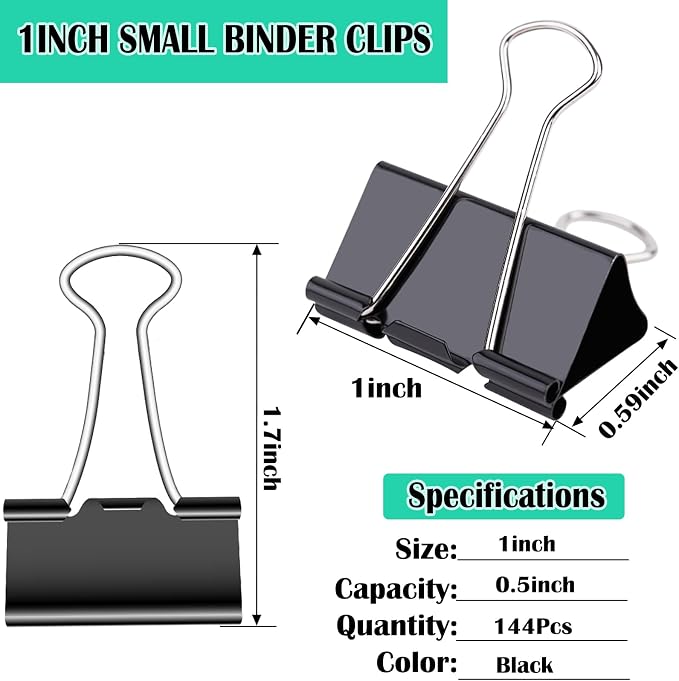 144 Pcs 1-Incn Binder Clips for Document Clamp（Black） | Durable,Sturdy,Reusable,forOffice, Home, School and Crafts Use,7/16" Width,Hold up to 100 Pages