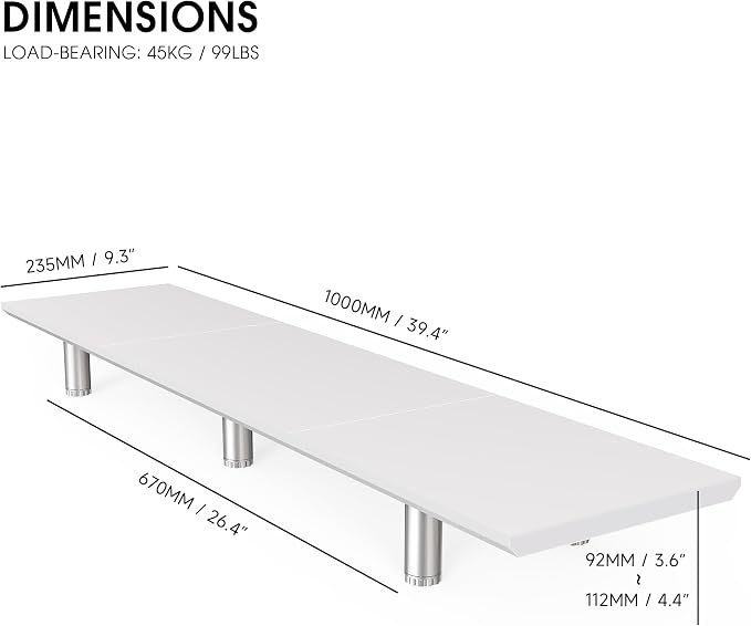 Fenge 39.4” Dual Monitor Stand with Height Adjustable Legs, White | Wooden & Steel, Ergonomic Height 3.6" to 4.4", Underneath Storage, Holds up to 99lbs, Laptop Monitor Stand for Home Office