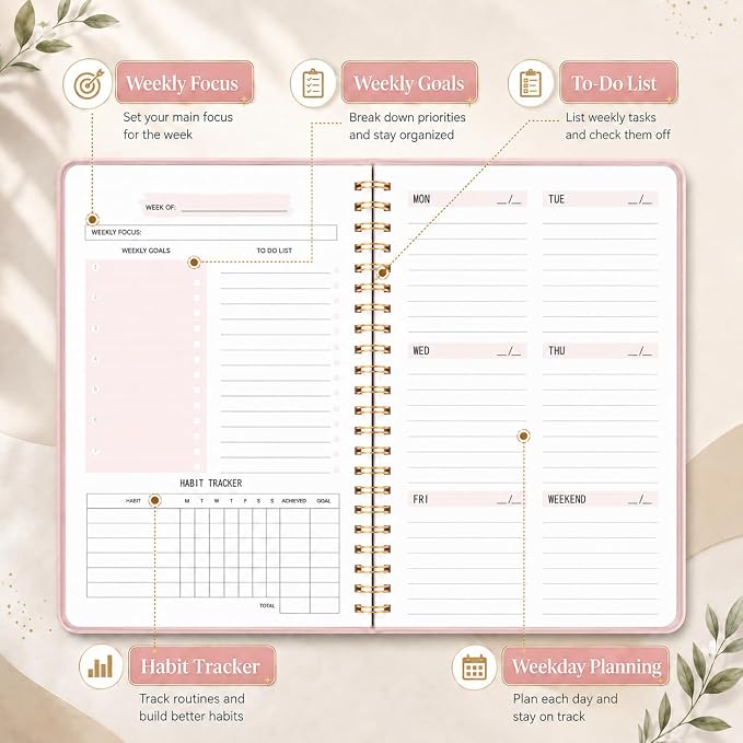 TREES Undated Weekly Planner, Weekly To-Do List, Goal and Habit Tracker | 5.8" x 8" Spiral-Bound Organizer for Weekly Goals, Tasks and Habits, Designed for Work, School and Everyday Planning