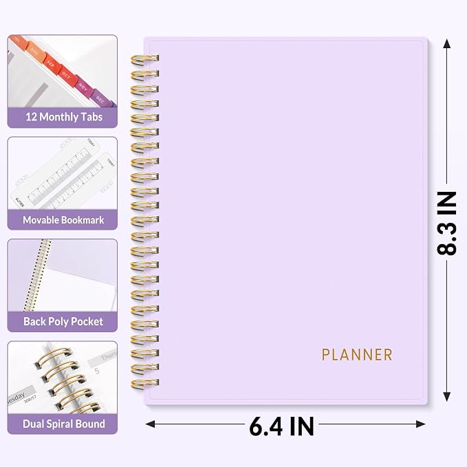 SUNEE Academic Planner 2026-2027 – Weekly & Monthly Planner, July 2026 to June 2027, 6.4"x8.3", Thick Paper, Tabs, Pockets, Bookmark, Spiral-Bound, Student Teacher Organizer, Purple