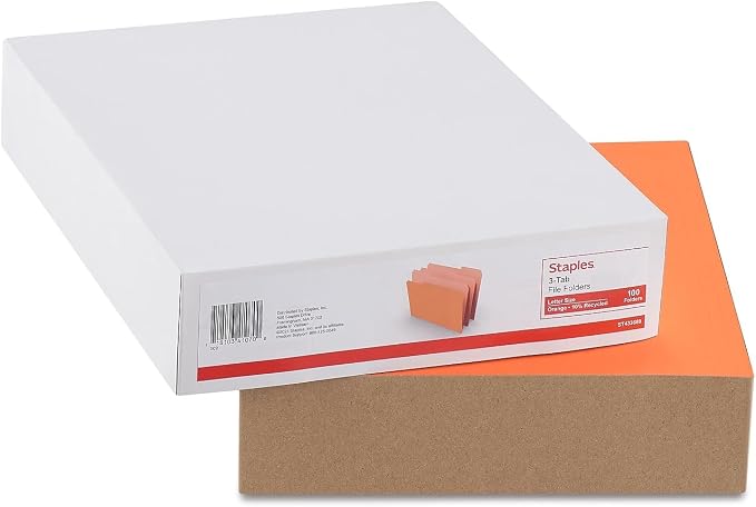 Staples File Folder, Letter Size, 1/3‑Cut Tab, Orange, Durable Paper Stock, 200/Carton
