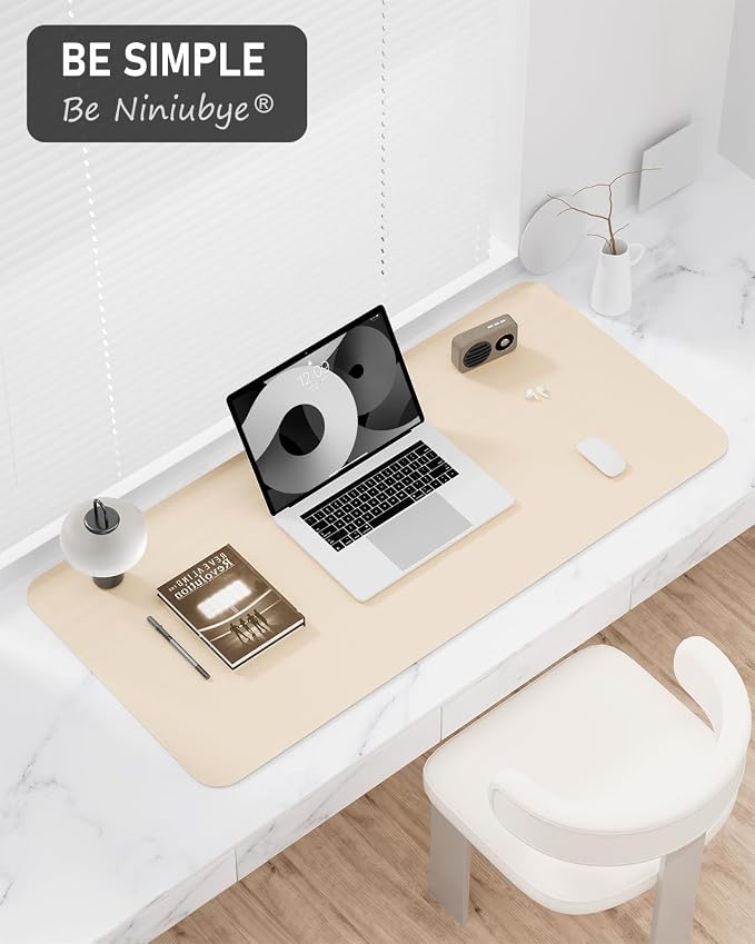 Desk Pad, 30" x 14" PU Leather Non-Slip Desk Mat Large Mouse Pad for Desktop, Waterproof Laptop Computer Writing Mat for Office, Home, Work, Gaming, Beige