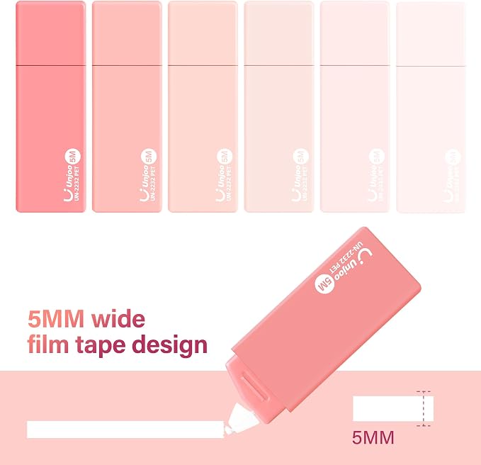 Unjoo Mini White Correction Tape Set (12pack, 5M/196" x 0.2", Pink) | Aesthetic Cute Correction Tape, Easy To Use, For school, Office Workers