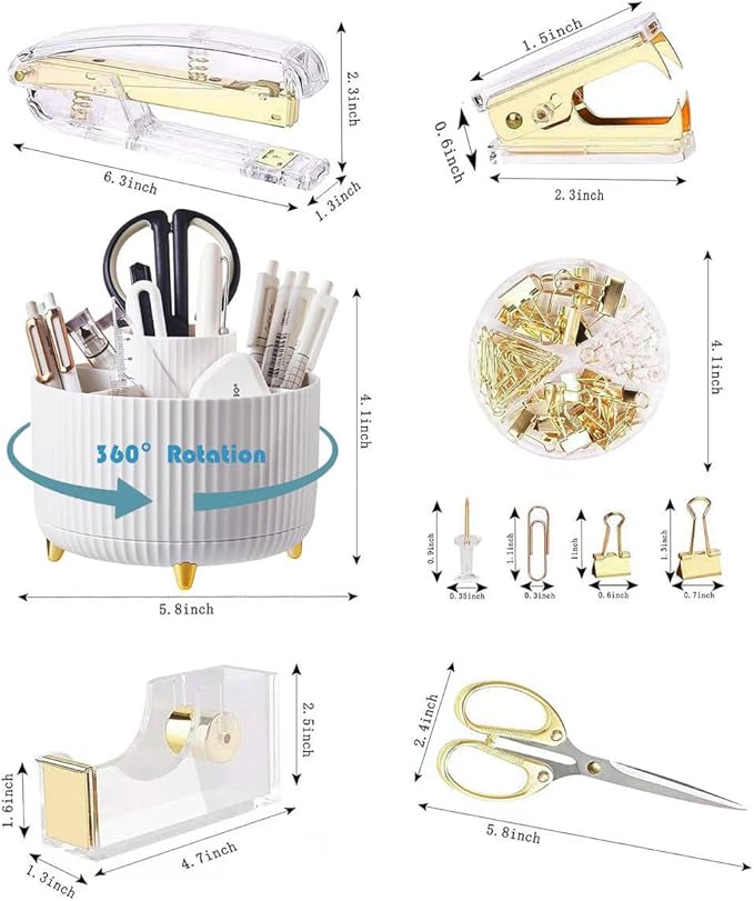 Gawsey Gold Desk Organizers and Accessories with Desk Organizer 360° Rotating Pen Holder and Office Supplies, Cute Stationery Supplies Set