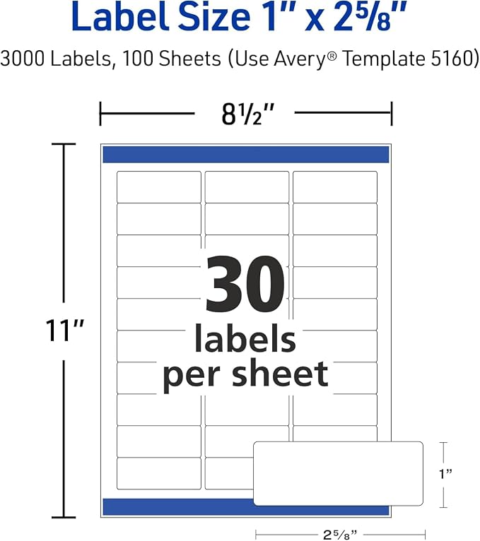 Avery Labels Easy Peel Printable Address Labels with Sure Feed, 1" x 2-5/8" Customizable Stickers, 5,010 White Blank Mailing Labels, Great for Mailing, Shipping, and More (5160) | Customizable Printable Stickers with Sure Feed, White Blank Mailing Labe...