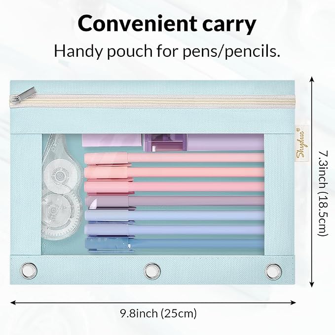 SKYDUE Pencil Pouches for 3 Ring Binder, Zipper Pencil Pouch for Girls Boys, Clear Window Pencil Bag, 3 Ring Pencil Pouch Case for Binder, Durable Organizer for School Supplies