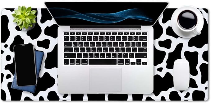 SSOIU White Black Cow Pattern Desk Pad, Personalized Desk Mat, Cow Print Desk Mat, Cute Desk Pad, Extended Gaming Mouse Pad (35.5x15.7 in), Large Non-Slip Rubber Base Mousepad with Stitched Edges