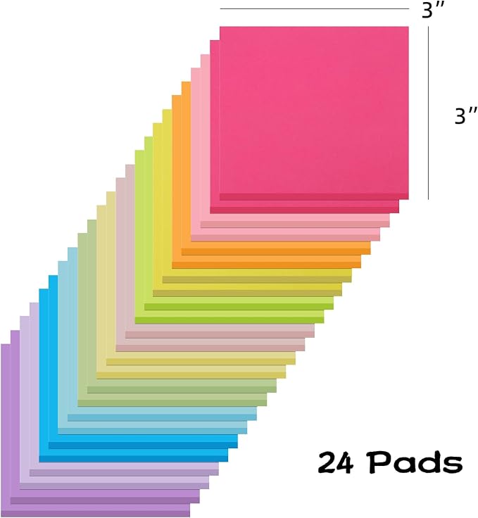 (24 Pads) Sticky Notes 3x3 Inches,Bright Colors Self-Stick Pads, Easy to Post for Home, Office, Notebook