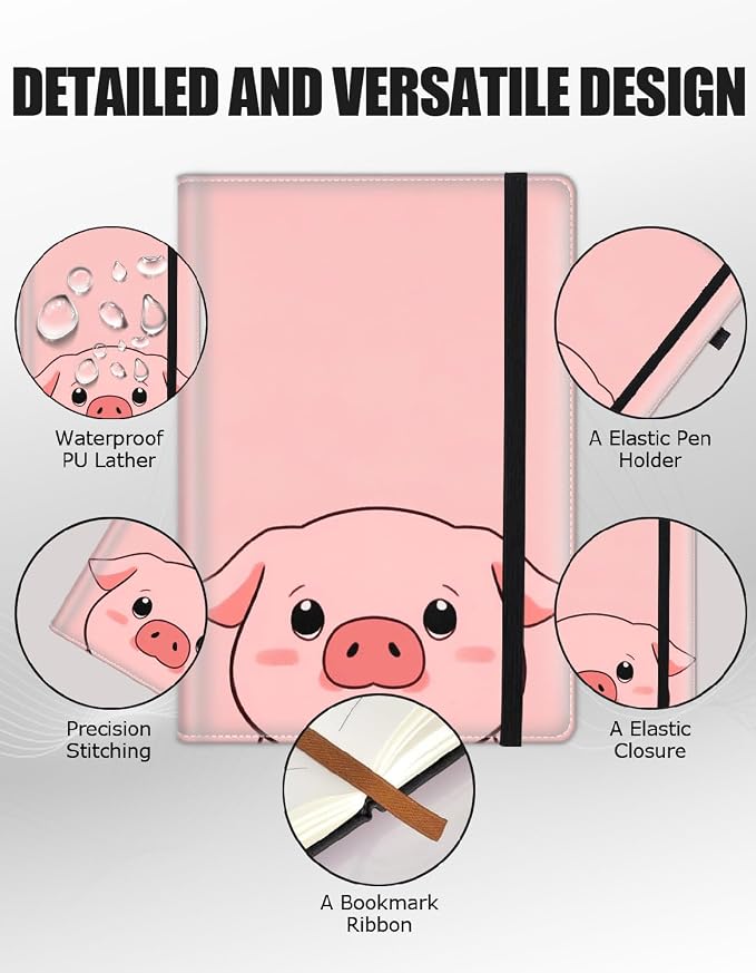 Hardcover Executive Notebooks, A5 PU Leather Lined Journal Notebook, 200 Pages Thick Paper Subject Notebooks for School,Work,Home Writing Business Notebook, Diary Book ， Pink Pig