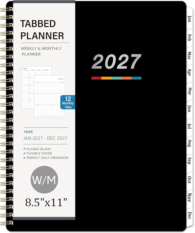 2027 Weekly and Monthly Planner Calendar, January 2027 - December 2027 | 8.5" x 11", Planner 2027 with Monthly Tabs, Spiral Binding, Thick Paper, Storage Pocket - Classic Black