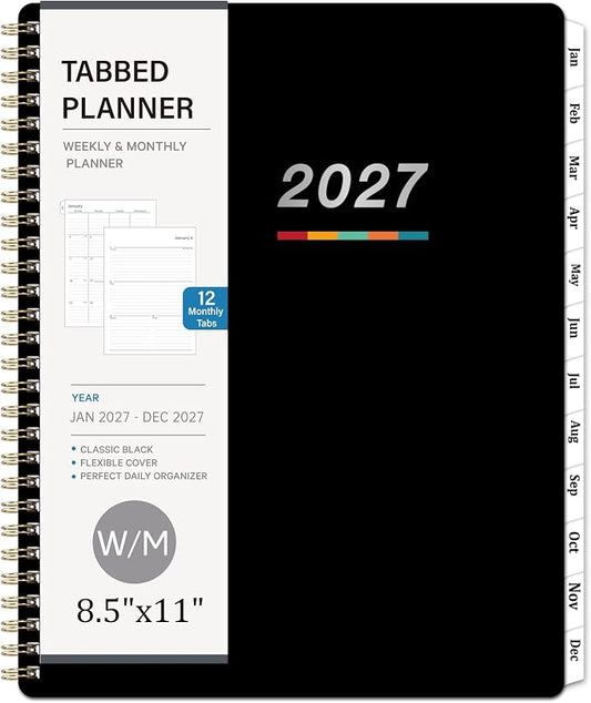 2027 Weekly and Monthly Planner Calendar, January 2027 - December 2027 | 8.5" x 11", Planner 2027 with Monthly Tabs, Spiral Binding, Thick Paper, Storage Pocket - Classic Black