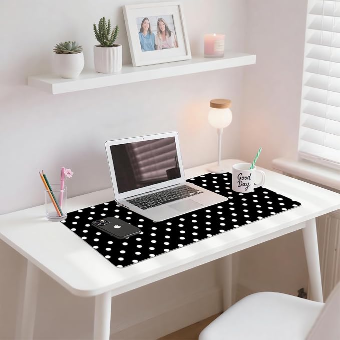White Polka Dot Leather Desk Mat Extended Gaming Mouse Pad | Non-slip Large Writing Pad Laptop Blotter Computer Keyboard Mat | Cute Black Desk Protector for Home Office 27.6" x 13.8"