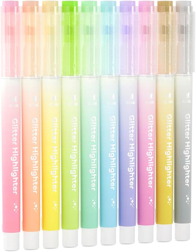 Shuttle Art Glitter Highlighters, 10 Sparkle Colors Chisel Tip Fluorescent Markers, Quick-Dry Non-Toxic Aesthetic Shimmer Highlighter Pens for Adults, Perfect for School Office Art Supplies