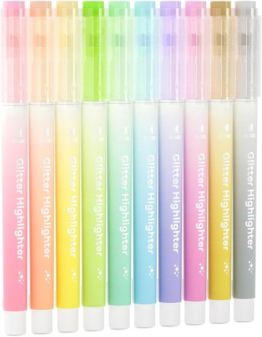 Shuttle Art Glitter Highlighters, 10 Sparkle Colors Chisel Tip Fluorescent Markers, Quick-Dry Non-Toxic Aesthetic Shimmer Highlighter Pens for Adults, Perfect for School Office Art Supplies