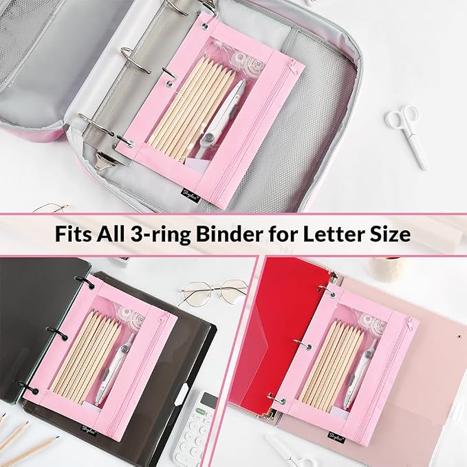 SKYDUE Pencil Pouch for 3 Ring Binder, 3 Ring Zipper Pencil Case with Clear Window, Large Binder Pencil Pouch with Grommets, Three Hole Pencil Holder for School(2 Pack)