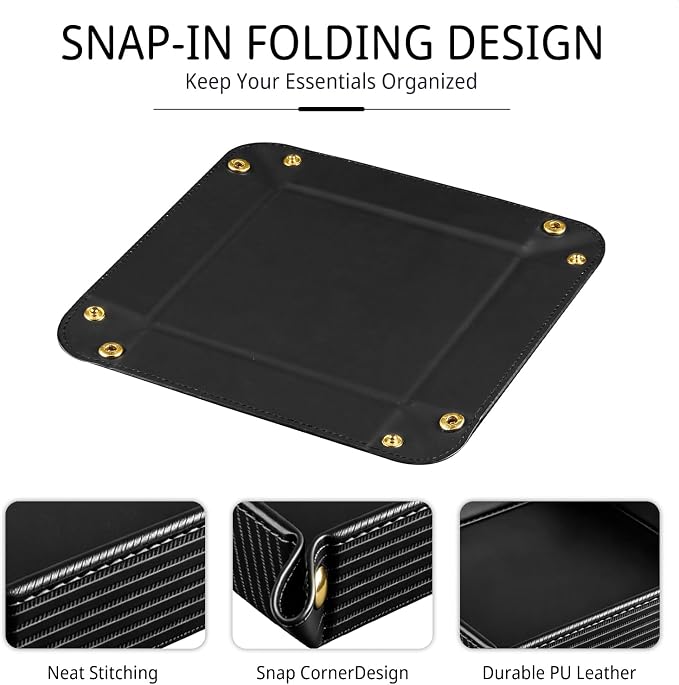 YAPISHI Light Luxury Valet Tray for Men, PU Leather Vanity Jewelry Tray & Decorative Perfume Catchall, Folding Travel EDC Dump Tray, Nightstand Organizer Caddy for Keys, Watches, Coin Bowl Dish