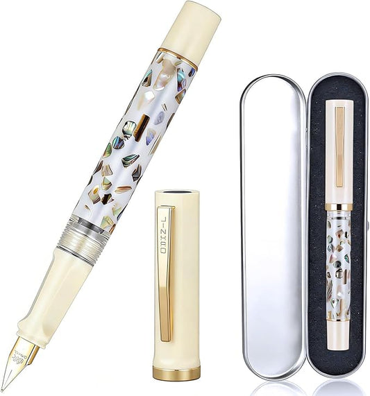 Jinhao 58 Fountain Pen - Natural Sea Shell Inlay Extra Fine Nib Writing Pen with 3.4mm Ink Converter & Silver Metal Gift Box,Ivory White