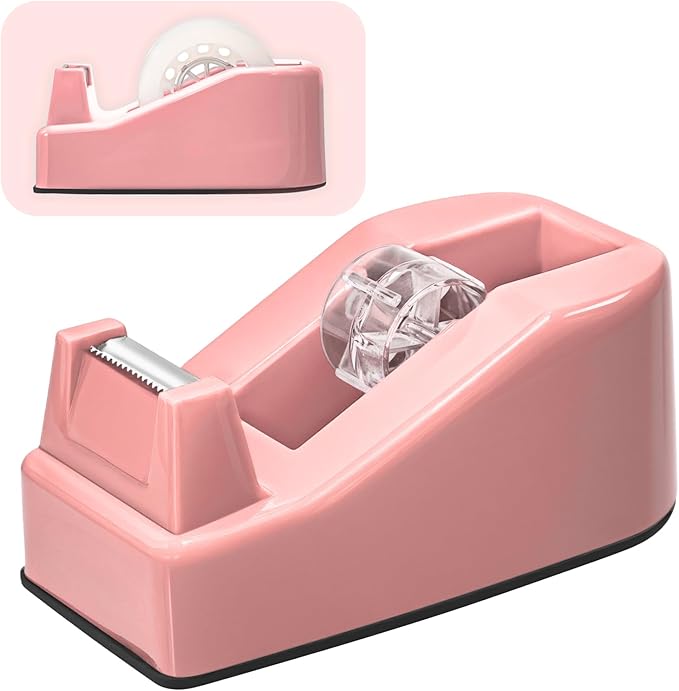 Desktop Office Tape Dispenser, Fits Standard 1-Inch Core Tapes, Weighted Non-Slip Base, Sharp Metal Blade, Smooth Cutting, Adhesive Roll Holder for Office, School, Shop, Home & Business - Pink