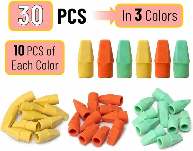 Mr. Pen- Pencil Erasers Toppers, 30 Pack, Colorful | Latex Free, No Smudge, Mr Pen Erasers for Pencils