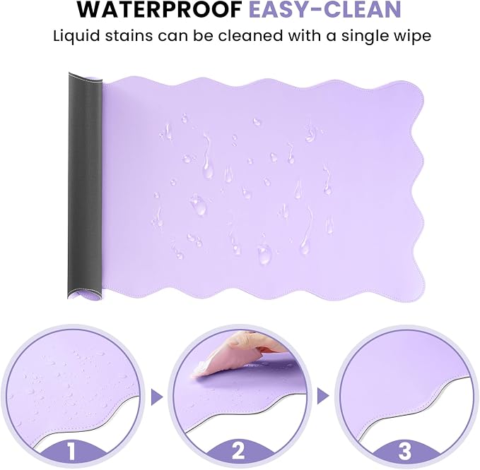 PU Leather Desk Pad, Scalloped Non-Slip Mouse Pad & Large Desk Mat Cover Stitched Edges Writing Pad for Office, Home - Waterproof, Easy to Clean, Durable Surface I 31.4"x15.7", Purple