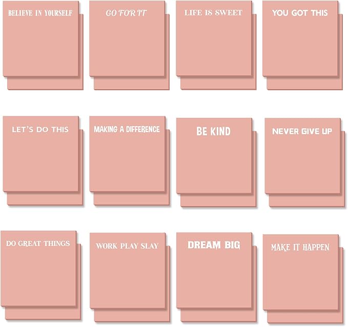 Yinder 24 Pcs Inspirational Sticky Notes, Back to School Supplies, Cute Motivational Sticky Notes Pad Employee Appreciation Gifts Bulk for Teacher Coworker Office 3 x 3'' (Inspire,Pink)