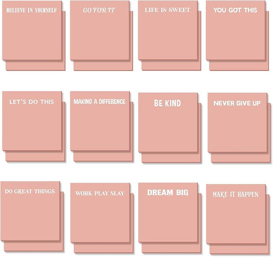 Yinder 24 Pcs Inspirational Sticky Notes, Back to School Supplies, Cute Motivational Sticky Notes Pad Employee Appreciation Gifts Bulk for Teacher Coworker Office 3 x 3'' (Inspire,Pink)