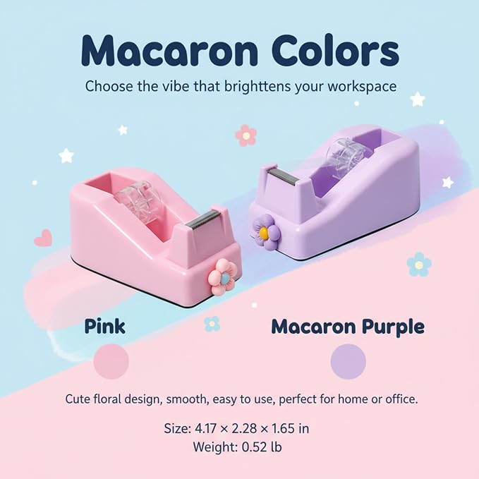 Tape Dispensers,Purple/Pink Tape Dispenser,Tape Dispenser Desk with Stable Weighted Base,Easy One-Hand Use for Scrapbook,Duct Tape & Packing Tape,Ideal for Vision Board Supplies,Office&School Supplies