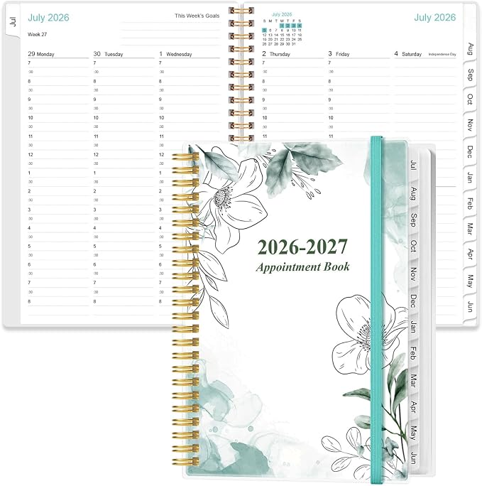 2026-2027 Appointment Book & Planner - Hourly Planner from July 2026 -June 2027, Weekly Appointment Book 2026-2027 with 30-Minute Interval, 6.4" x 8.5", Teal Floral