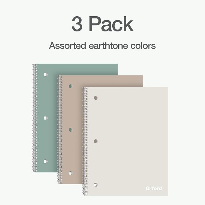 Oxford Spiral Notebooks, 3 Pack, College Ruled, 70 Sheets, Earthtone Covers | 3 hole punched to fit any binder. Perforated sheets tear out easily. Color coded covers. One notebook per subject.