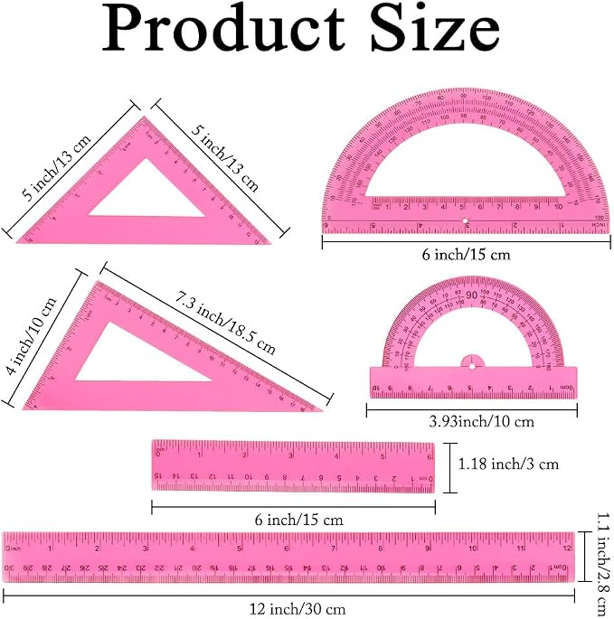 Plastic Clear Ruler Math Set, 6" | 12" Straight Ruler Protractor, 2 Protractors 180 Degree 2 Triangle Rulers 45 | 60 Degree 2 Straight Rulers Measuring Tool for School Office Home Supplie,Pink