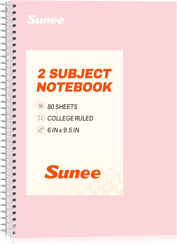 SUNEE Spiral Notebook, 2-Subject, College Ruled Paper, 6" x 9-1/2", 80 Sheets, Spiral Notebooks for School, Pink