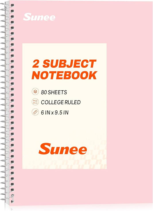 SUNEE Spiral Notebook, 2-Subject, College Ruled Paper, 6" x 9-1/2", 80 Sheets, Spiral Notebooks for School, Pink