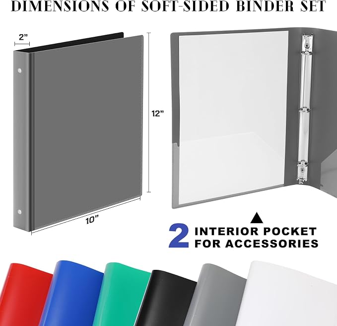 Fulmoon 6 Pack Plastic 3 Ring Binder Assorted Colors Economy Flexible Round Ring Presentation Binders with Pocket for Office School Meeting(2 Inch,Classic Colors)