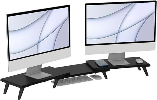 loukin Dual Monitor Stand Riser for Desk, 43.6"×8.2" Computer Stand, Black | Supports 22 lb, No Installation Required, Water-Resistant Surface, Fits Laptops and Printers, Ergonomic Design