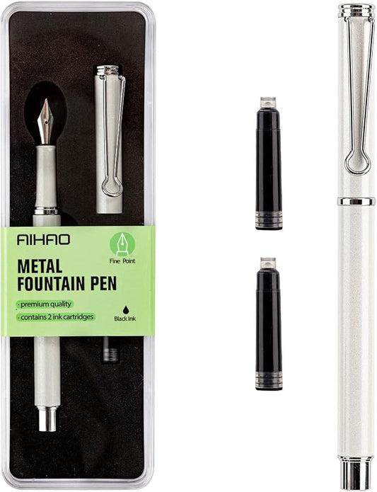 AIHAO Refillable Fountain Pen, Fine Point, Black Ink, 2 Ink Cartridges in one Set, Pear White, Metal Pen