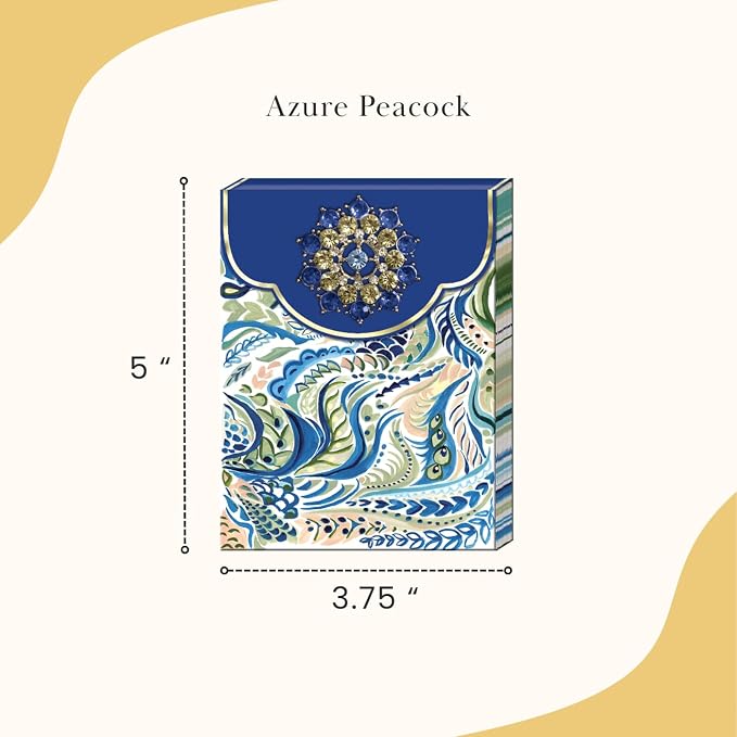 Punch Studio Flip-Top Notepad For Daily Notes or Notes on-the-go, with Magnetic Closure, Brooch Embellishment, Gold-Foil Accents & 75 Illustrated Sheets, 5" x 3.75" - Azure Peacock (59225)