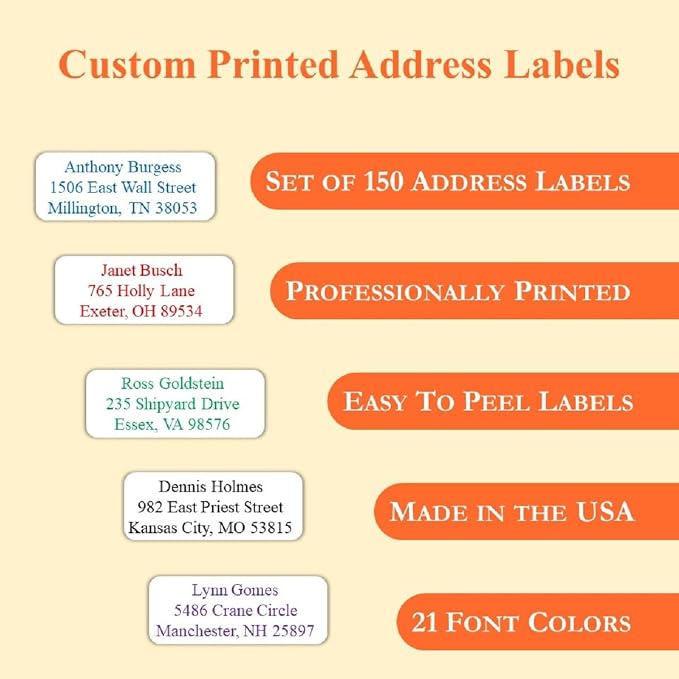 Return Address Labels Personalized, Address Labels for Envelopes, Return Labels Personalized Self Adhesive - Mailing Labels for Envelopes, 150 Labels On Sheets (White) - 21 Colors, 2 5/8" x 1"