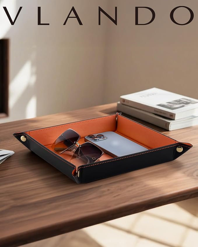 VLANDO Travel Valet Tray, Foldable PU Leather Catchall Tray, Orange Black | Valet Tray for Men and Women, Key Wallet Watch Phone Jewelry Organizer for Nightstand, Dresser, Desk, Entryway, Hotel, Dorm