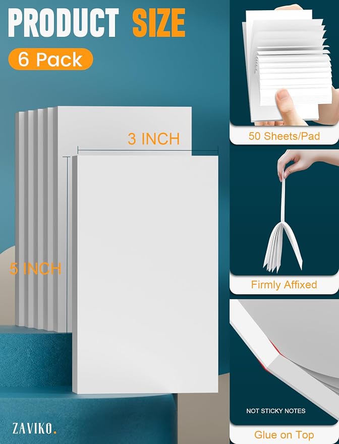 Note Pads 3x5, 6 Pack Small Notepads 3x5 Memo Pads, Small Notebooks 3x5 Scratch Pads, Small Writing Pads of Paper 3x5, White Mini Notepad 3x5 Blank Server Pads, Writing Notes Paper, 50 Sheets/Pad